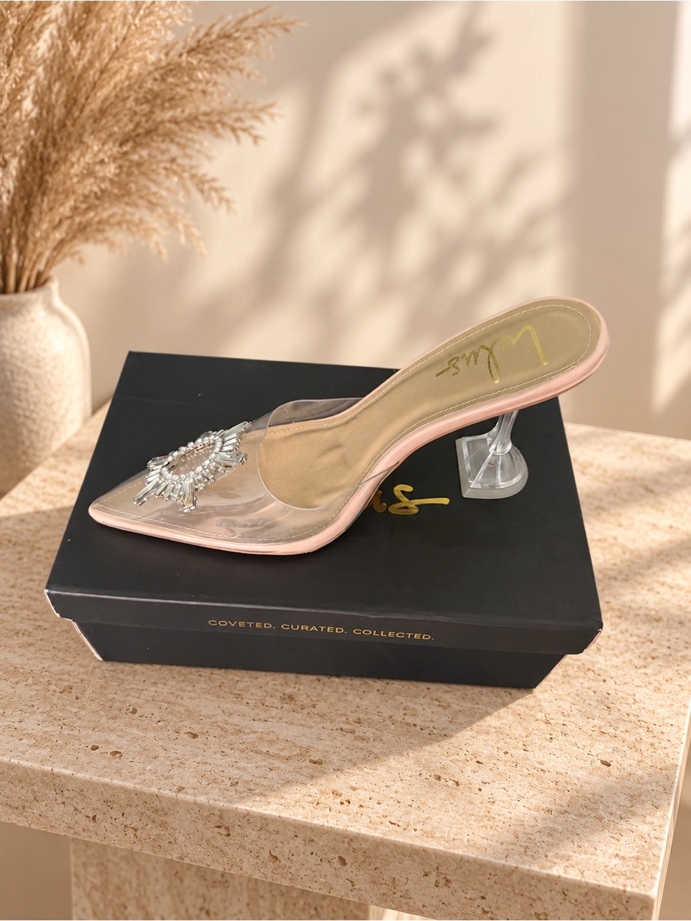 Lulu's Pink Trim Clear Jewel-Embellished Mule Heel